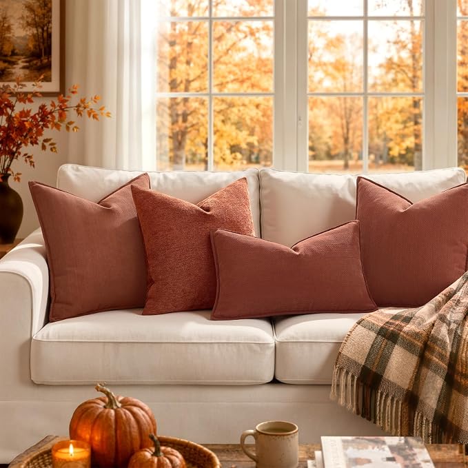MIULEE Pack of 2 Fall Rust Decorative Chenille Pillow Covers 20x20 Inch | Soft Couch Throw Pillows,Farmhouse Cushion Covers with Elegant Design for Sofa,Bedroom,Living Room,Spring Home Decor