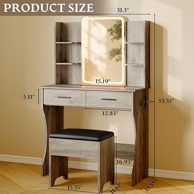 Makeup Vanity Desk with Mirror & Lights, Small Vanity Table Set for Girls with Chair & Power Outlet, Modern Dressing Table with 2 Drawers & 4 Storage Shelves, Adjustable RGB Lighting - Grey