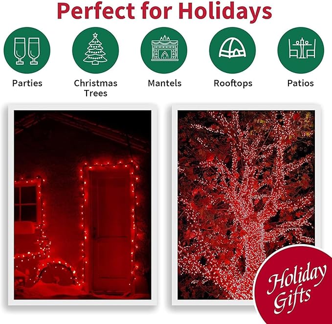 LAMPHOME 165FT 500 LED Red String Lights, 16 Modes Clear Wire Plug in Lights, Waterproof Connectable Twinkle Lights for Outdoor Valentine's Day, Mother's Day, Christmas, Wedding Party Decorations