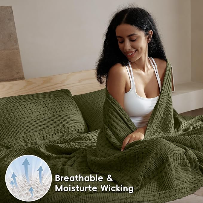 PHF 100% Cotton Waffle Weave Blanket Queen Size, Lightweight Breathable Summer Blanket for Hot Sleepers, Pre-Washed Soft Layer for Bed, Couch, Aesthetic Home Decor & Gift, 90"x90", Capulet Olive