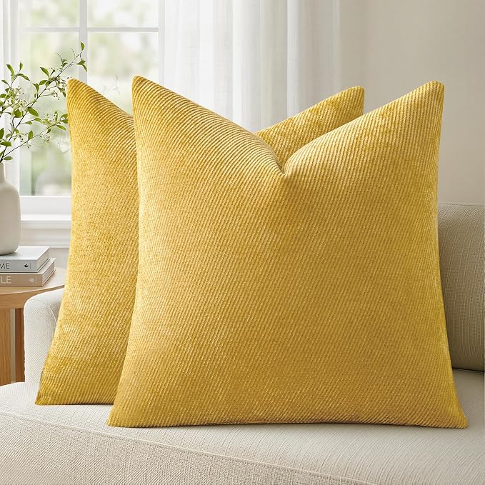 Fall Decorative Throw Pillow Covers Pack of 2,20x20 Inch Mustard Yellow | Twill Chenille Cushion Covers for Sofa Living Room Couch Bed