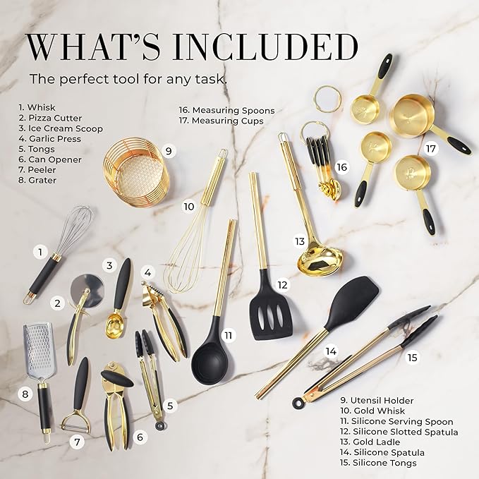 Black and Gold Kitchen Utensils Set - 23-Piece Luxury Kitchen Accessories Includes Gold Measuring Cups, Spoons, Silicone Cooking Utensils and Tools for Baking, Cooking, and Stylish Kitchen Decor