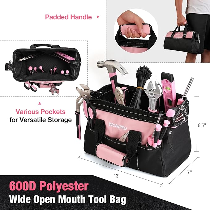 WORKPRO Pink Tool Set, 277 PCS Home Repairing Tool Kit, Pink Tool Bag with 13-Inch Wide Mouth Open Storage Bag, Portable Home Tool Kit Including Hammer, Screwdriver, and Household Tools - Pink Ribbon