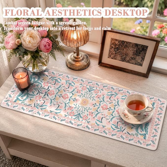 iCasso Aesthetic Desk Mat,31.5x11.8in Mouse Pads, Pink Floral | Anti-Slip Mousepad with Stitched Edges, Waterproof Computer Pad , Desk Accessories Office Decor for Women