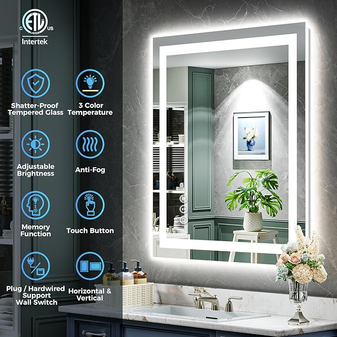 30x30 Inch LED Bathroom Mirror with Lights Front and Backlit Lighted Vanity Mirror for Bathroom Wall with 3 Colors Dimmable Anti-Fog Memory Shatter-Proof IP54 Waterproof Horizontal/Vertical