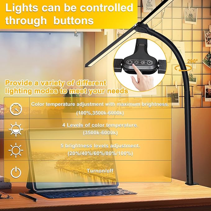Double Head LED Desk Lamp for Office - Eye Caring Lamp with Clamp | Flexible Adjustable Lighting Gooseneck Desk Light, 4 Color Modes & 5 Brightness Levels for Monitor Workbench Study