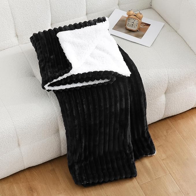 Black Sherpa Fleece Throw Blanket 50”×60” for Couch Sofa Bed | Double Side Soft Fuzzy Cozy Plush Thick Flannel Blanket with Striped Design Gift for Adults,Woman
