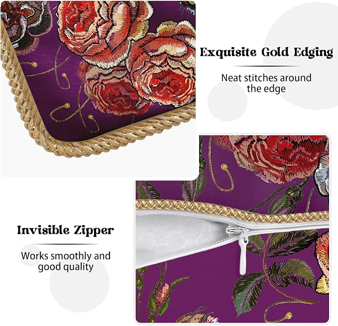 Tiger Flower Purple Velvet Pillow Covers 16x16 Inch Pink Floral Animal Throw Pillows for Couch Cushion Covers Pillowcase Farmhouse Modern Pillow Cases for Sofa Bed Living Room Bedroom