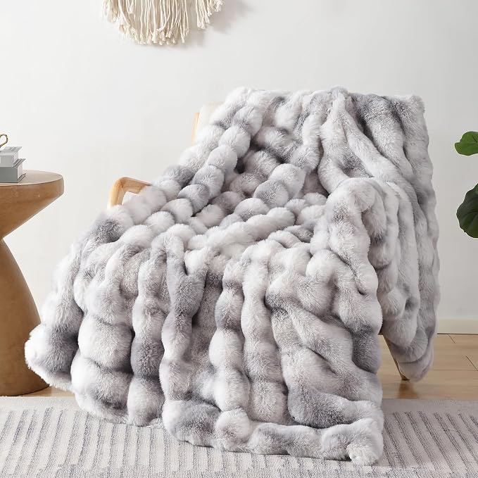 Faux Fur Throw for Couch - Tie-dye Grey Bubble Blanket 60"x80" | Fluffy Plush Fuzzy Throw for Sofa & Bed, Super Soft Cozy Comfrt Blanket, Luxury Aesthetic Grey Decor Gift for Women
