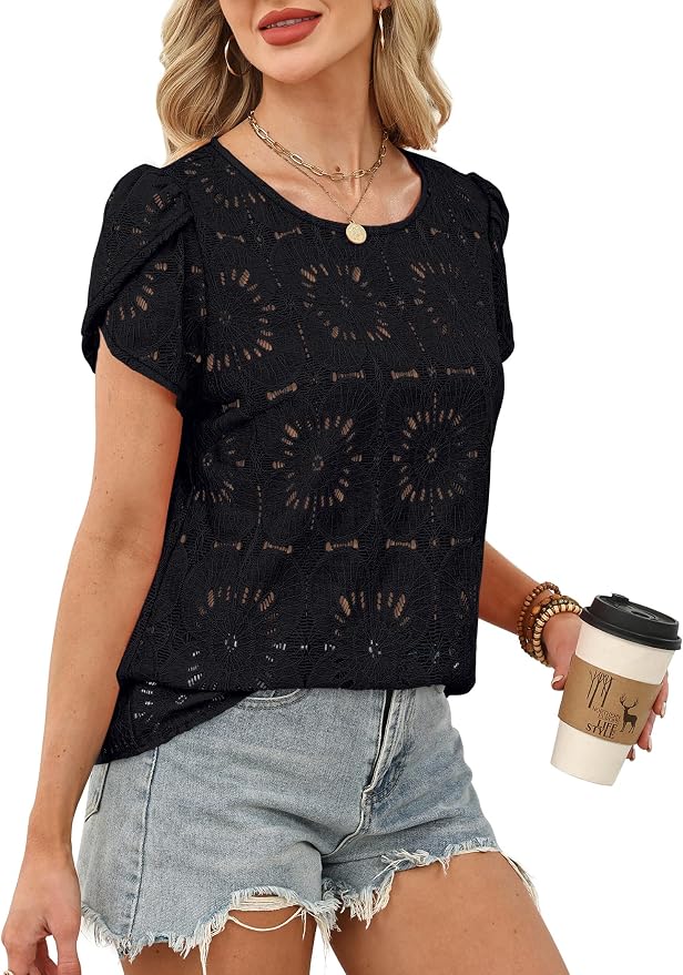 OFEEFAN Blouses for Women Dressy Casual Petal Short Sleeve Shirts Crochet Lace Boho Tops Spring Fashion Summer Outfits