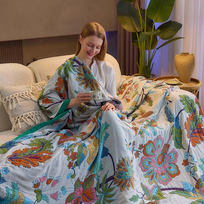 XIBLC Summer Throw Blanket, 80"x90" Reversible Bohemian Flower Blanket, 100% Cotton Muslin Breathable Woven, Farmhouse Decorative Throw Blanket