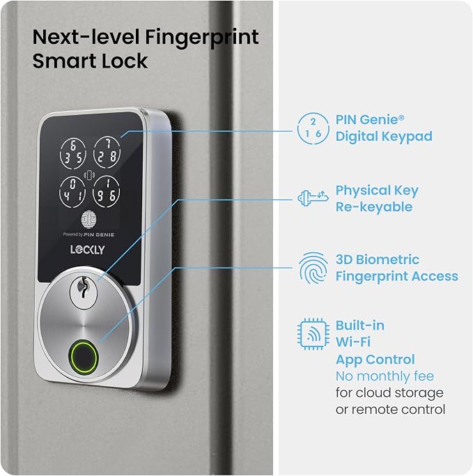 Lockly Secure Pro Smart Door Lock,Fingerprint Keyless Entry Door Lock,Apple Home Key Compatible,Auto Lock, App Remote Control,IP65 Waterproof,Easy Installation