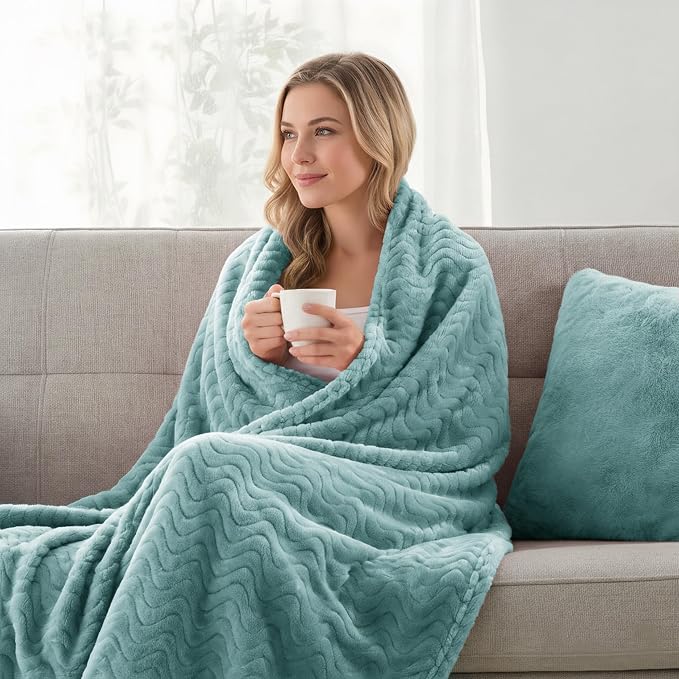 Exclusivo Mezcla Soft Fleece Blanket King Size for Bed, Sofa, Celadon | 90"x104" Breathable Lightweight Flannel Blanket for Summer, Plush Cozy Jacquard Wave for Home Decor