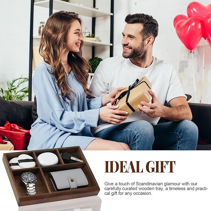 MultiBey 5-Slot Walnut Valet Tray Organizer | Wooden Valets Tray for Nightstand, Dresser & Desk |EDC Catchall Trays with 5 Sections for Jewelry, Wallet, Watch, Keys, Earbuds (Walnut)