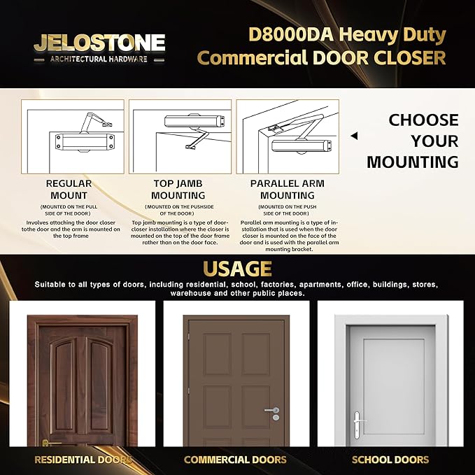 Heavy Duty, Commercial Door Closer D8000DA, ANSI Grade 1, UL 3 Hour Fire Rated, ADA Compliant, Delayed Action, Adjustable Spring Size 1-6 for Doors(44-330LB/30-60 in), Indoor/Outdoor (Bronze)
