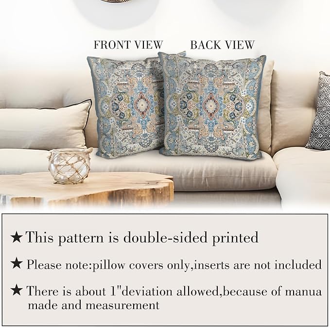 Boho Floral Throw Pillow Covers 18x18 inch Set of 2,Blue Boho Rug Geometric Floral Pattern Decor Double Sided Pattern Cushion Cover Soft Pillow Case Living Sofa Room Bed Square Pillow Cover