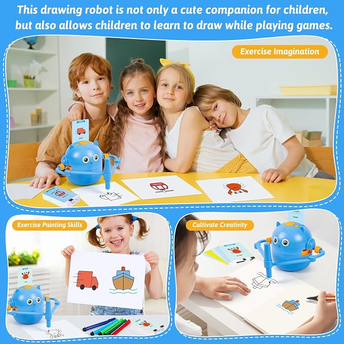 TREEFIA Drawing Robot for Kids, Drawing Robot for Kids 6 7 8 9 10 11 12 Year Old, Doodle Bot Toy with 100 Drawing Cards & 16 Color Pens for Girls and Boys