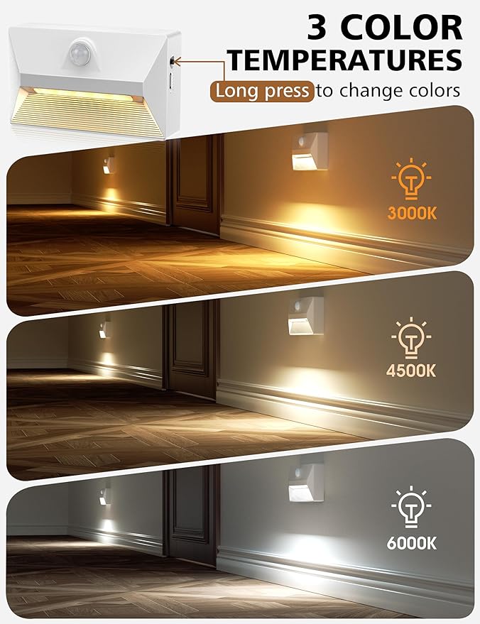 NIORSUN Motion Sensor Night Light, Rechargeable Stair Lights Indoor, 3 Colors and Motion Modes 2000 mAh Battery Night Light with Light Sensor for Stairway, Hallway, Bathroom, Kitchen White 6 Pack