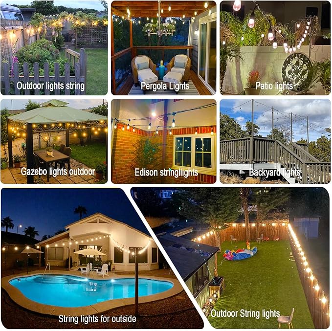 100FT String Lights for Outside Patio Lights with 30+2 Replaceable S14 2200K Warm Bulbs for Outdoor Pergola Backyard Porch, Linkable, Hooks and Zip Ties Included, 1-Pack