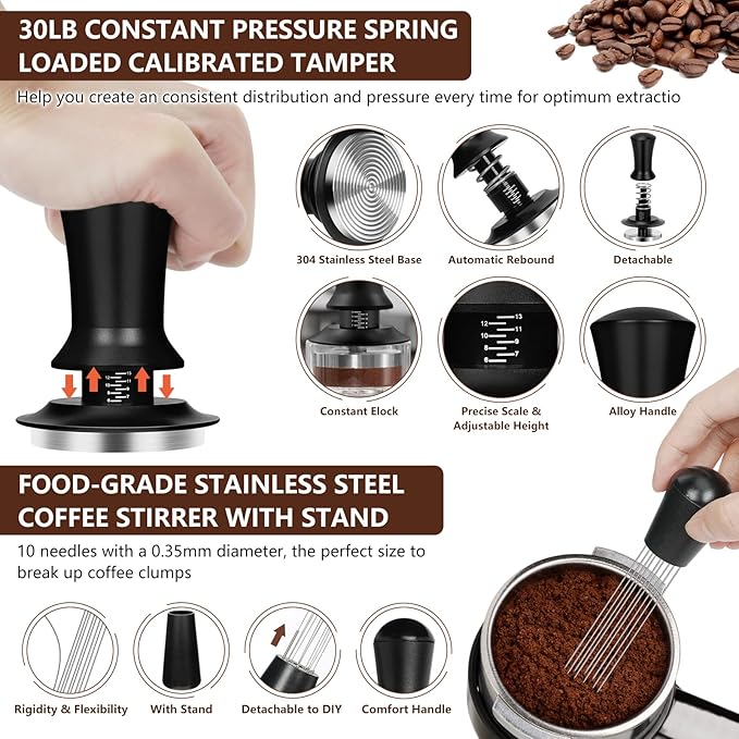 Y-Step 25 PCS Espresso Accessories Kit, Espresso Tamper Kit Coffee Tamper Set, 51mm Espresso Tamper with Spring Loaded Calibrated, 51mm Espresso Puck Screen and Dosing Funnel, WDT Tool, Latte Art Kit
