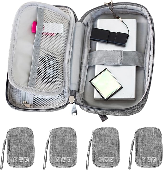 4Pcs Electronic Organizer Bag,Small Travel Tech Cable Organizer Pouch, Waterproof Travel Cord Organizer Portable Carrying Case Portable for Cord Charger Earphone USB SD Card Cables Power Bank,Grey