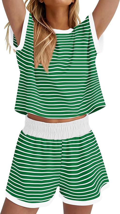 WIHOLL Two Piece Sets for Women Summer Lounge Short Sets Cap Sleeve Crew Neck Sweatsuit with Pocket XS-2XL