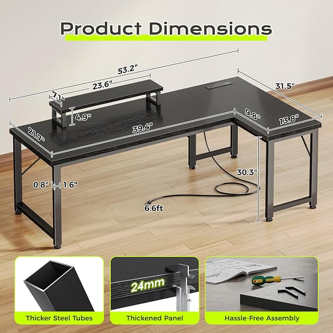 PRAISUN 53" L Shaped Computer Desk, Power Outlets, Monitor Stand, Black | USB-C Ports, Reversible Charging Station, Spacious Desktop & Legroom, 0.94 Inch Thick Desktop, for Gaming, Study & Work