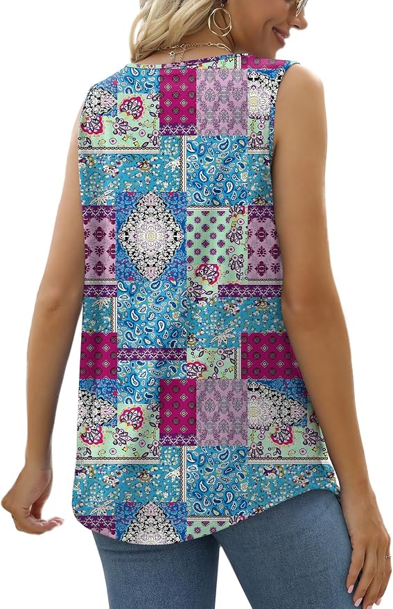 Saloogoe Summer Tank Tops for Women Loose Fit Pleated Square Neck Sleeveless Tops Curved Hem Flowy