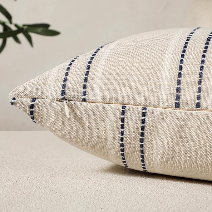 Hckot Throw Pillow Covers 22x22 Set of 2 Striped Pillow Covers Textured Linen Decorative Pillows Square Cushion Covers for Sofa Couch Bed Living Room Farmhouse Decor, Navy Blue