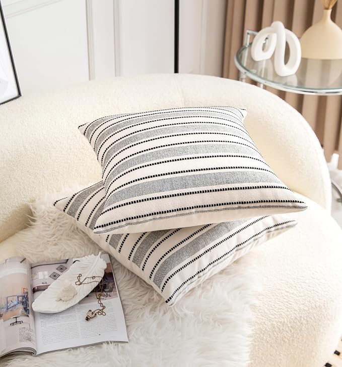 Cethom Decorative Boho Throw Pillow Covers, Farmhouse Textured Pillow Case, 22 x 22 Inch Set of 2, Chair Sofa Bedroom Living Room Home Decor Couch Cushion Case, Black and Beige Striped