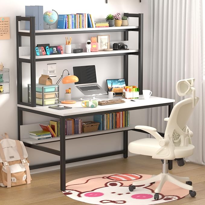 Aquzee Computer Desk, Easy Assembly Gaming Table with Hutch and Shelves, 4 Tiers Desk with Large Wood Desktop, Metal Legs, Ideal for Storage Study Work Writing Homework, White, 55Wx65Hx23.6D Inches