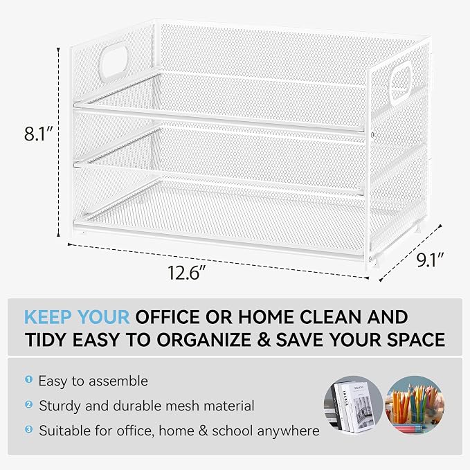 Subekyu 3 Tier Letter Tray Paper Organizer with Handle, 1 PC Sliding Tray, White Metal Mesh Desk File Folder Paper Sorter Organizer for Home Office School Desk Supplies Organization Storage