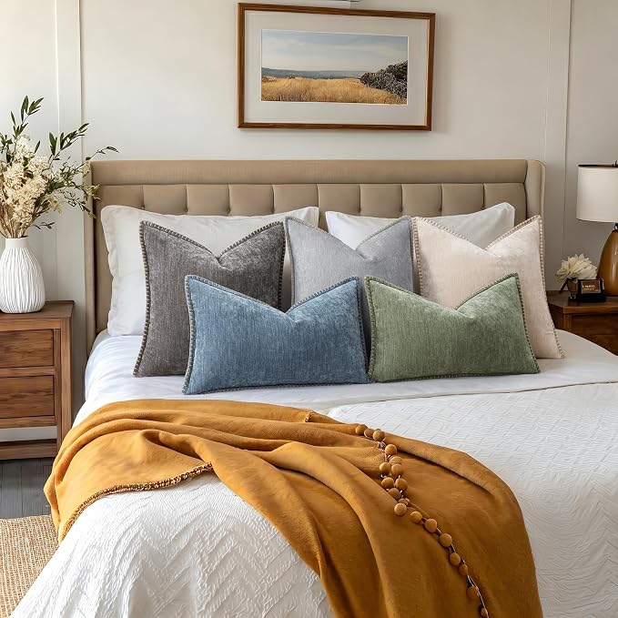 decorUhome Soft Chenille Throw Pillow Covers 22x22 Set of 2 Dark Grey | Fall Textured Decorative Throw Pillow Cases Stitched Edge Modern Farmhouse Luxury Boho Velvet for Couch Sofa Bed Home Decor