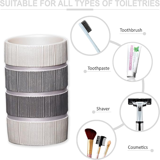 Zahari Home 4pc Modern Line Modern Bathroom Accessories Set Modern Soap Dispenser, Tumbler, Tooth Brush Holder and Dish Soap Holder Luxury Contemporary Grey Decor Unique Design Luxury Bath Set