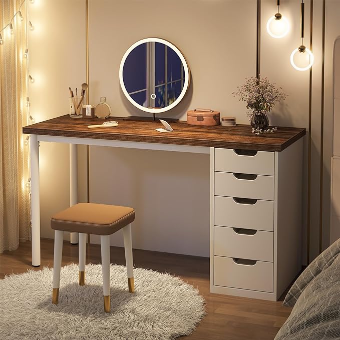 Tribesigns Computer Desk with 5 Drawers, 47 inches Rustic Brown Home Office Desk with Storage, Modern Simple Laptop Desk Study Writing Table for Small Spaces (1, Brown+White)
