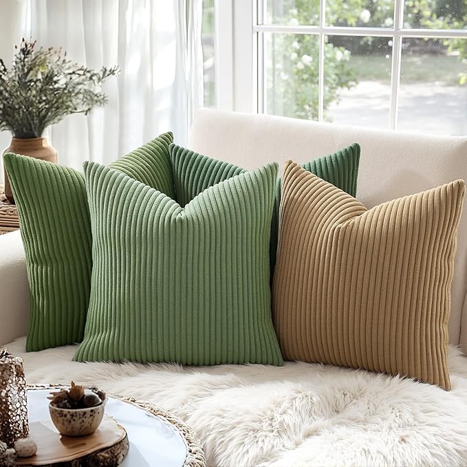 MIULEE Decorative Corduroy Throw Pillow Covers Set of 2 20x20 Moss Green | Soft Striped Textured Cushion Cases, Boho Natural Greenery Pillowcases for Home Decor, for Couch Chair Sofa Bed Living Room
