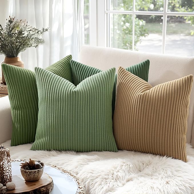 MIULEE Decorative Corduroy Throw Pillow Covers Set of 2 16x16 Khaki | Soft Striped Textured Cushion Cases, Boho Rustic Square Pillowcases for Home Decor, for Couch Chair Sofa Bed Living Room