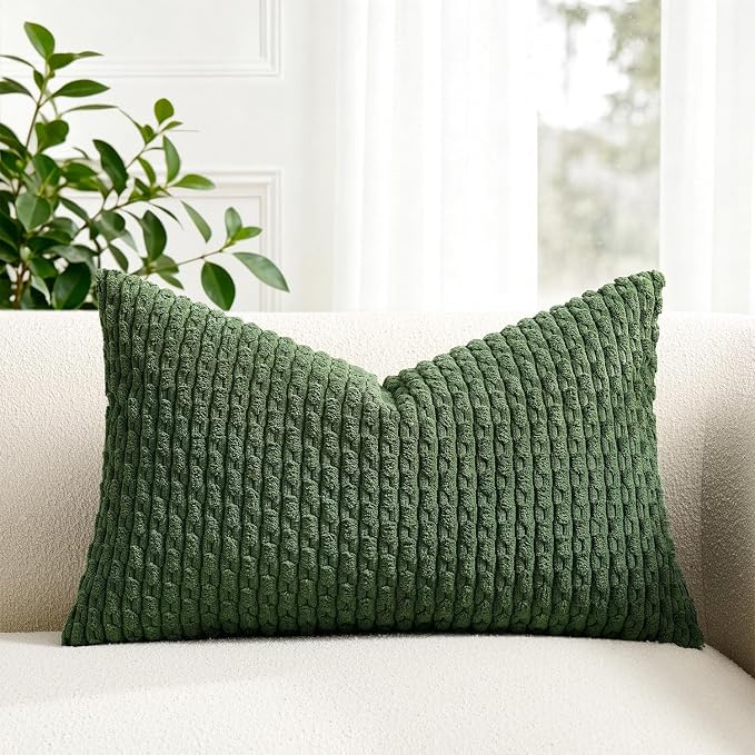 Kevin Textile Soft Corduroy 12"x20" Lumbar Pillow Cover 1 Pack, Moss Green | Boho Stripe Plush Corduroy Decorative Oblong Cushion Cover Modern Farmhouse Home Decor for Sofa Couch Bed Chair