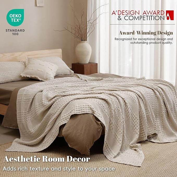 PHF 100% Cotton Waffle Weave Blanket King Size, Lightweight Breathable Summer Blanket for Hot Sleepers, Pre-Washed Soft Layer for Bed, Couch, Home Decor Gift, 108"x90", Light Taupe/Oatmeal