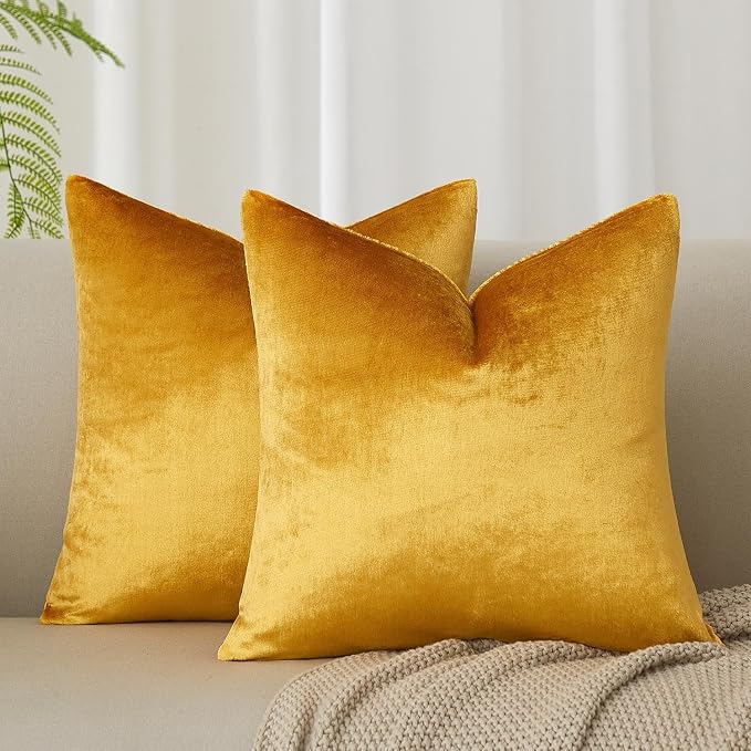 Throw Pillow Covers Set of 2 for Couch Velvet Cushion Covers 14x14,Golden | Decorative Pillow Covers with Invisible Zipper for Sofa Bed Living Room Bedroom Home Decor Modern