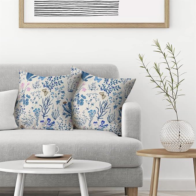 AEIOAE Summer Pillow Covers 18x18 Inch Set of 2,Blue Wild Flower Plant Throw Pillows Case,Seasonal Floral Outdoor Decorative Square Linen Farmhouse Decor Cushion Covers for Home Sofa Bed Couch