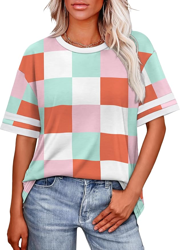 WIHOLL Womens T Shirts Loose Fit Short Sleeve Tees Crew Neck Color Block Summer Tops 2026 Fashion