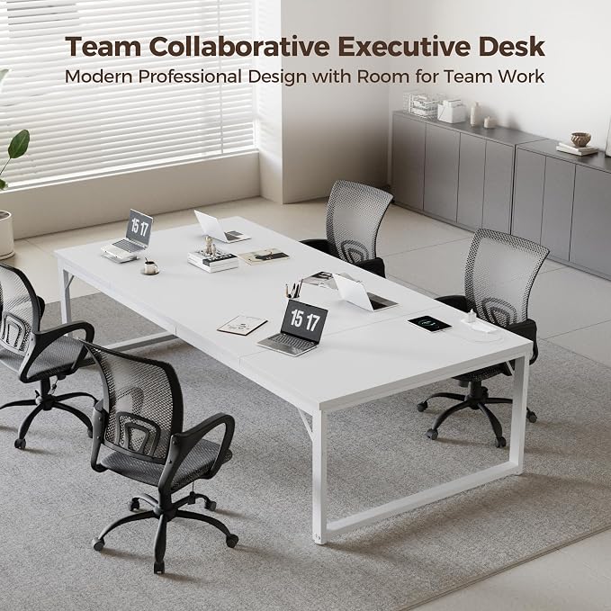 Mericonia 63 Inch Computer Desk with Power Outlets, 1.2" Thick Office Table | Modern Simple Style, Heavy Duty Industrial Frame, Large Study & Writing Table for Home Bedroom Work, White