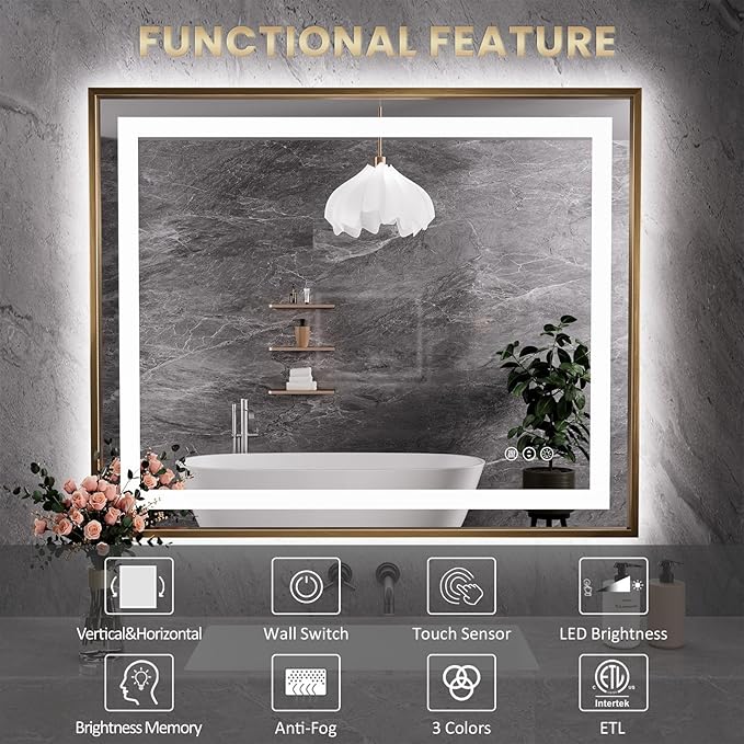 Amorho 60"x 40" LED Bathroom Mirror, Golden Metal Framed Mirror with Front Light and Backlit, Stepless Dimmable, Anti-Fog, Shatter-Proof, Memory, 3 Colors
