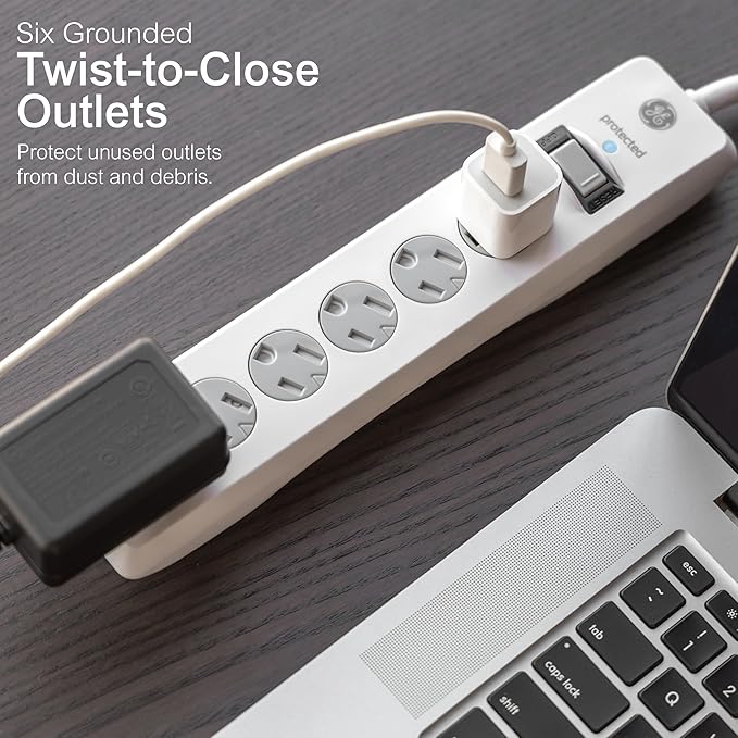 GE Surge Protector Power Strip, 8 Ft Extension Cord, 6 Outlet Extender, 800 Joules, Flat Plug, Twist-to-Close Safety Covers, ETL Listed, White, 67044