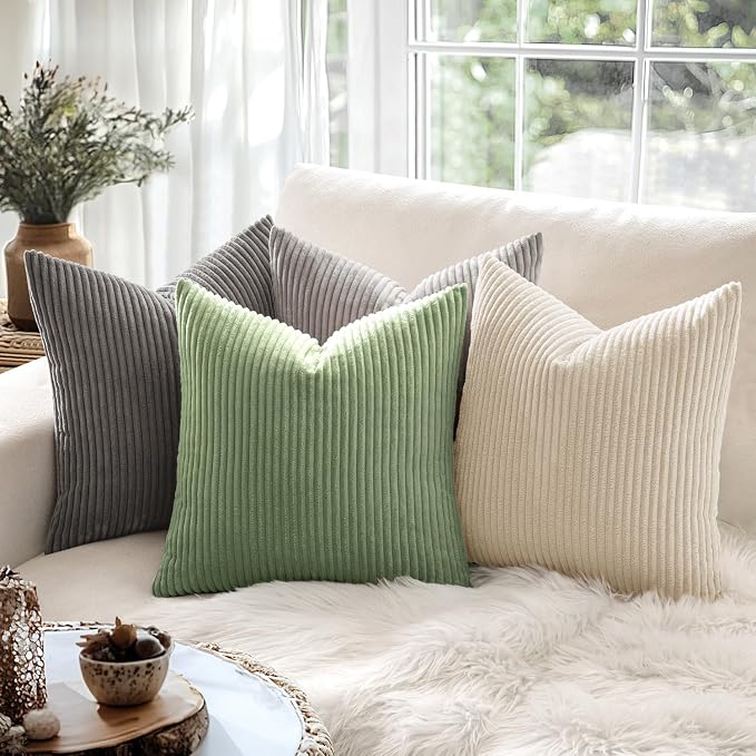 MIULEE Decorative Corduroy Throw Pillow Covers Set of 2 20x20 Sage Green | Soft Striped Textured Cushion Cases, Boho Natural Greenery Pillowcases for Home Decor, for Couch Chair Sofa Bed Living Room