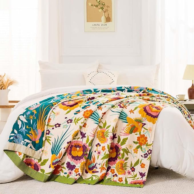 XIBLC Boho Throw Blanket for Bed, 100% Cotton Soft Rustic Quilt Fall Blanket, 60"x80" Floral Printed Farmhouse Decor Bed Blankets, All Season Rustic Reversible Bohemian Throw Quilt