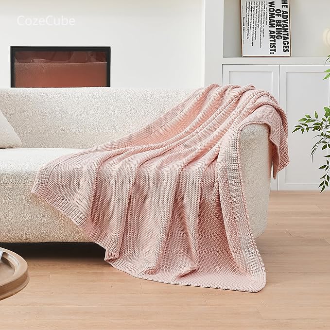 CozeCube Pink Seed Stitch Throw Blanket 50"x60", Farmhouse Decor | Blanket for Couch, Soft Cozy Cable Knit Throw for Bed Sofa Living Room, Lightweight Warm Decorative Christmas Blanket