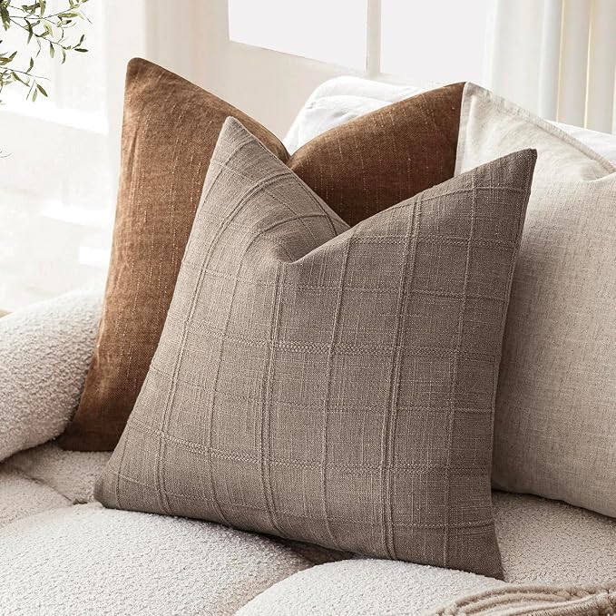 Foindtower Set of 2 Decorative Linen Check Throw Pillow Covers Neutral Farmhouse Vintage Cushion Covers Modern Boho Home Decor for Sofa Chair Couch Bedroom Living Room,18×18 Inch,Tan Taupe