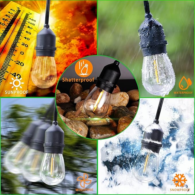 𝟒𝟖𝑭𝑻 LED Outdoor String Lights with 𝟮𝟰 Weatherproof Shatterproof Edison 𝑳𝑬𝑫 𝑩𝒖𝒍𝒃𝒔(2 𝑺𝒑𝒂𝒓𝒆)，Commercial Grade Waterproof Hanging Lights for Backyard Porch Balcony Party
